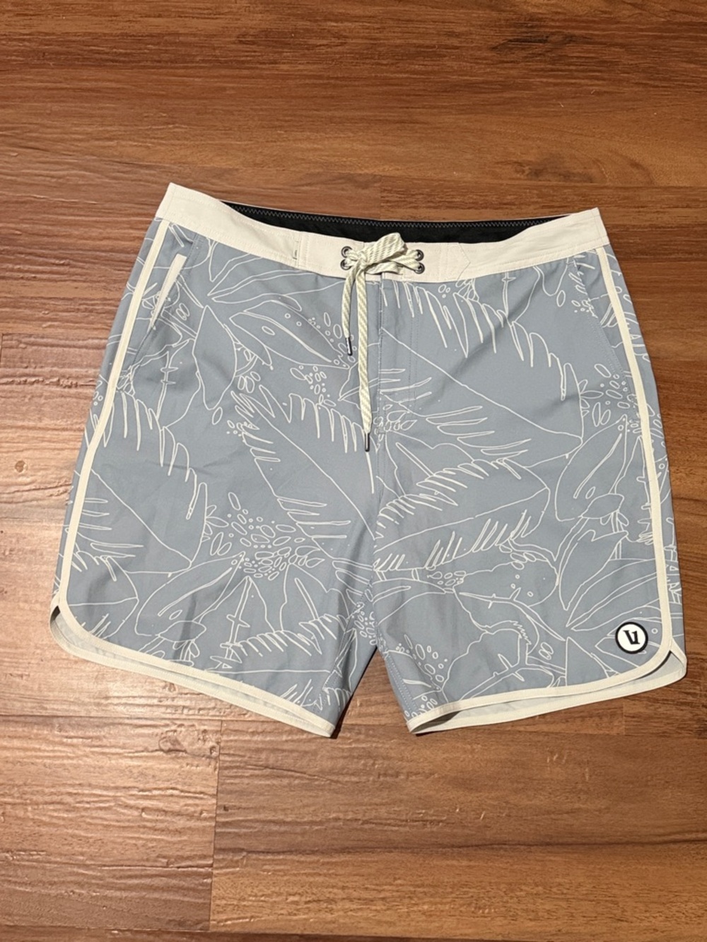 Vouri Pale Blue Tropical Leaf Swim Trunks with Cream Trim